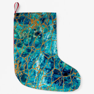 Meia De Natal Pequena Linda textura luxuosa de mármore azul com ouro.