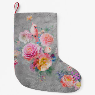 Meia De Natal Pequena Lindas flores multicoloridas e pássaros em terra f