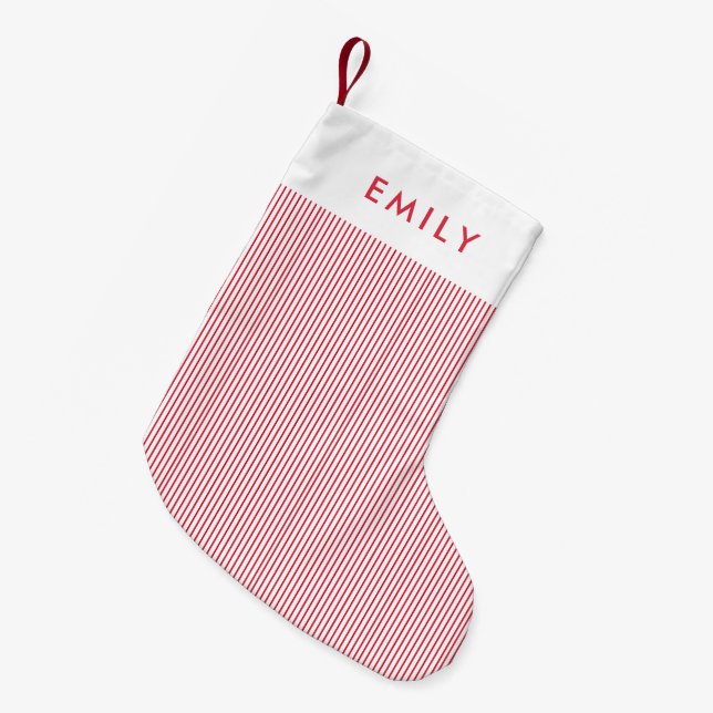 Meia De Natal Pequena Listras Vermelhas Minimalistas Nome Personalizado  (Frente (Pendurada))