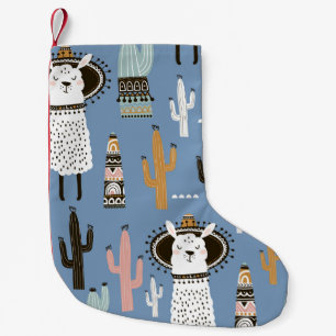 Meia De Natal Pequena Llama, Cactus, Padrão De Elementos Desenhados À Mã