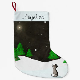 Meia De Natal Pequena Lobo que Stargazing na aguarela nevado da noite do