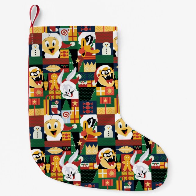 Meia De Natal Pequena LOONEY TUNES™ Holiday Block Patterno (Frente)