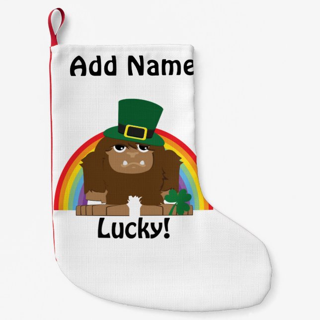 Meia De Natal Pequena Lucky Bigfoot Leprechaun (Frente)