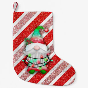 Meia De Natal Pequena Luzes de Natal Gnomo em Candy Cane Glitter
