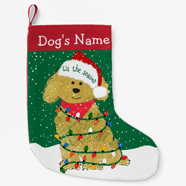 Meia De Natal Pequena Luzes de Natal personalizadas Goldendoodle (Frente)