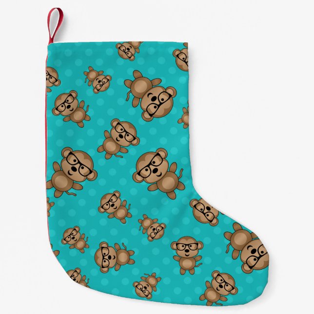 Meia De Natal Pequena Macaco-nerd das bolinhas turquesas (Frente)