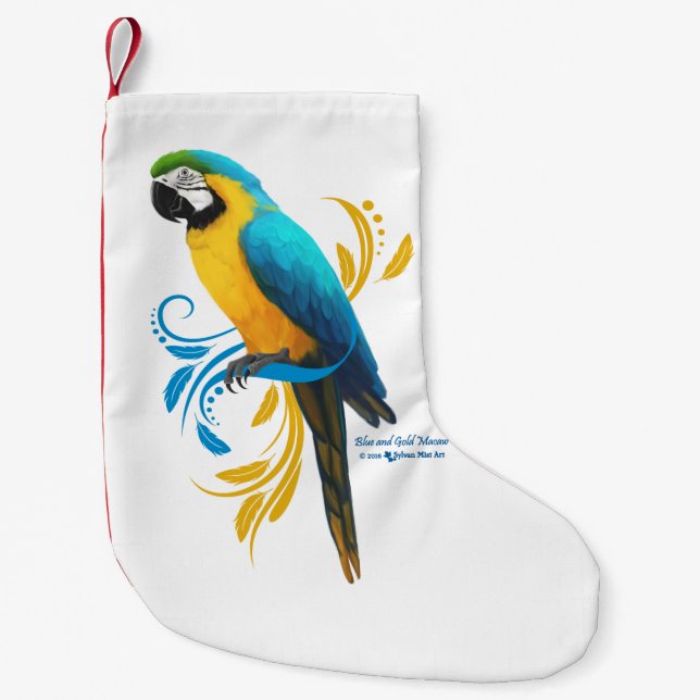 Meia De Natal Pequena Macaw azul e Dourado (Frente)