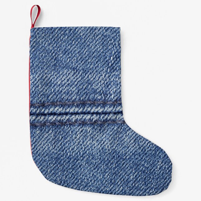 Meia De Natal Pequena Macro Blue Denim, Textura De Fechamento. (Frente)
