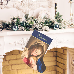 Meia De Natal Pequena Madonna Azul e Dourada e Religião Infantil