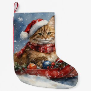 Meia De Natal Pequena Maine Coon Cat em Sledge Deixe nevar Natal