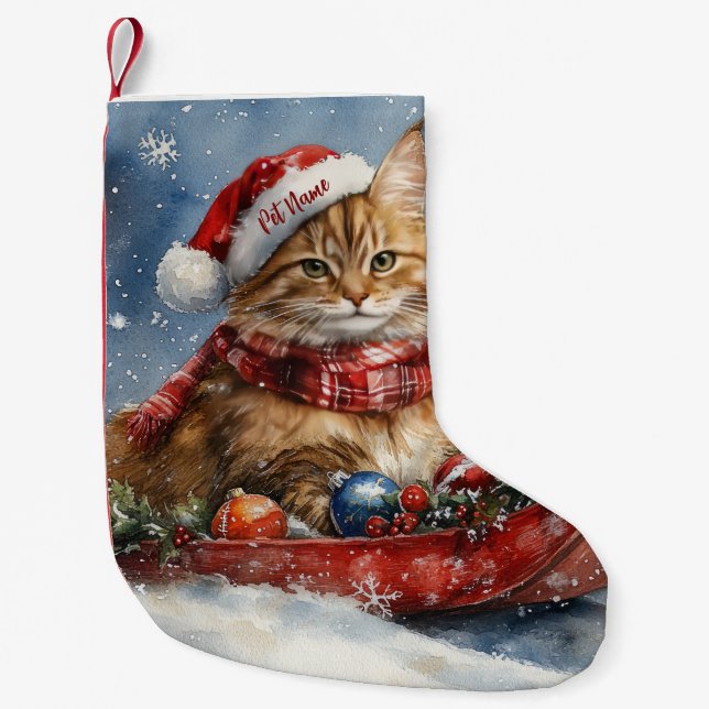 Meia De Natal Pequena Maine Coon Cat em Sledge Deixe nevar Natal (Frente)