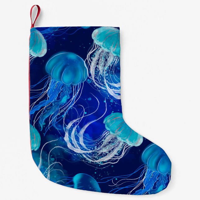 Meia De Natal Pequena Many blue jellyfishes swimming underwater. Seamles (Frente)