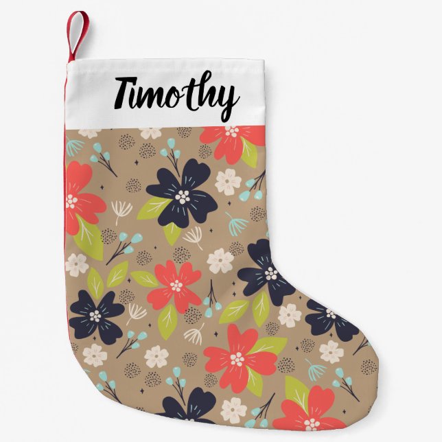 Meia De Natal Pequena Marinho Branco de Poinsettia de Natal desenhado (Frente)