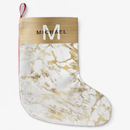 Meia De Natal Pequena Mármore Branco Metálico Dourado Monograma