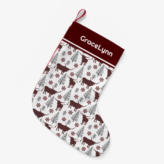 Meia De Natal Pequena Maroon Buffalo Xadrez Longhorn Pattern (Frente (Pendurada))