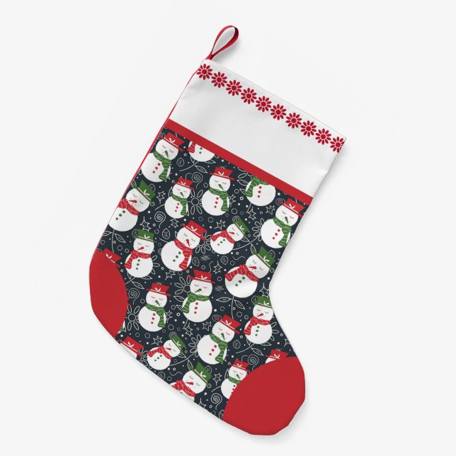 Meia De Natal Pequena Mellow Snowmen - Xmas red and green. (Frente (Pendurada))