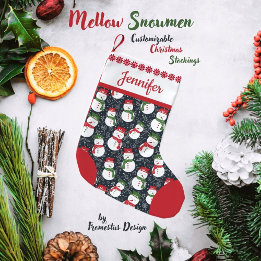 Meia De Natal Pequena Mellow Snowmen - Xmas red and green customizable.