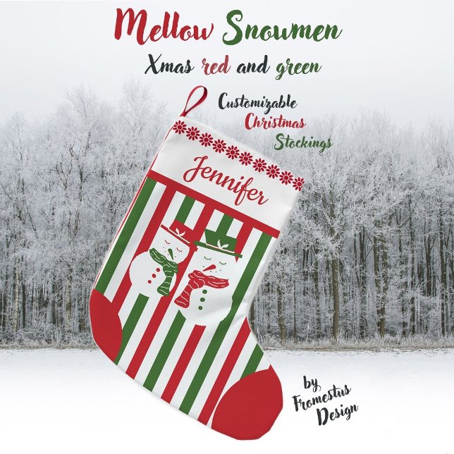 Meia De Natal Pequena Mellow Snowmen - Xmas red white green stripes. (Criador carregado)