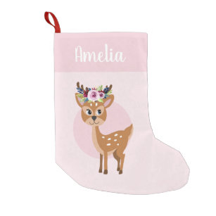 Meia De Natal Pequena Meninas Cute Pink Floral Deer & Name Kids