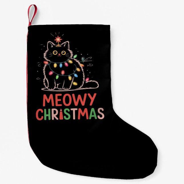 Meia De Natal Pequena Meowy Natal Xmas Luz Preto Gato Pijamas (Frente)