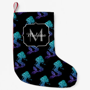 Meia De Natal Pequena Mermaid azul aqua ombre Padrão de faíscas Monogram