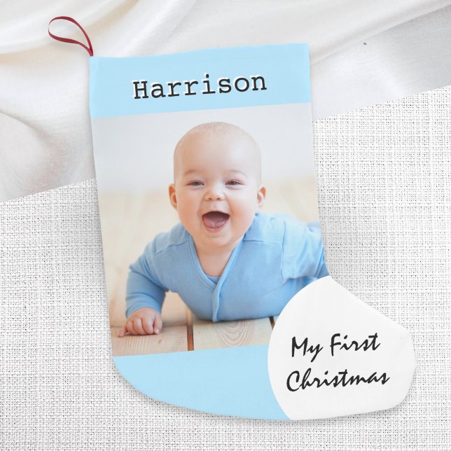 Meia De Natal Pequena Meu Primeiro Natal Foto Personalizada Nome Azul (A light blue 'My First Christmas' stocking to personalize with your baby's  photo and name)