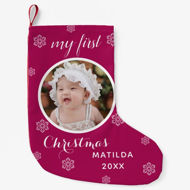 Meia De Natal Pequena Meu Primeiro Nome e Foto de Bebê Personalizada e F (Frente)