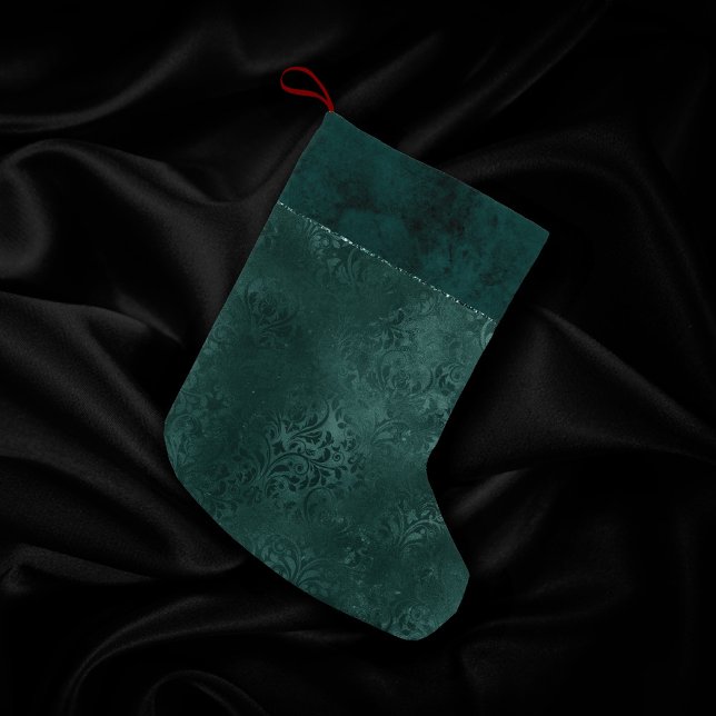 Meia De Natal Pequena Midnight Teal Romance | Dark Satinge Damask (Criador carregado)