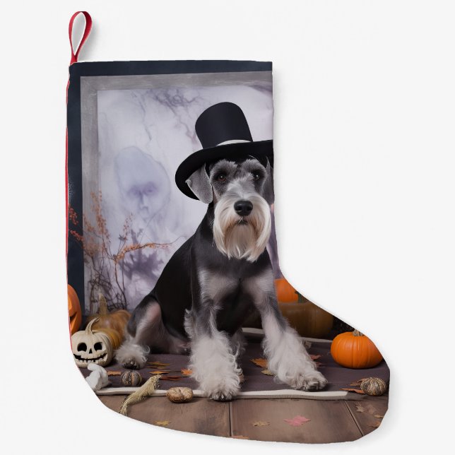 Meia De Natal Pequena Miniatura Schnauzer Pumpkins Halloween Assustado (Frente)