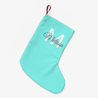 Meia De Natal Pequena moder chic minimalista monograma turquesa aqua azu
