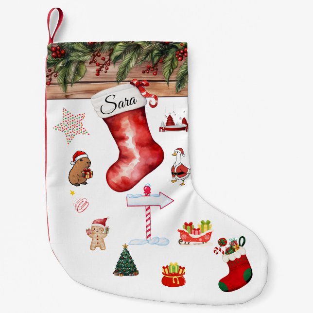 Meia De Natal Pequena Modern Personalized Christmas Stocking Red & White (Frente)