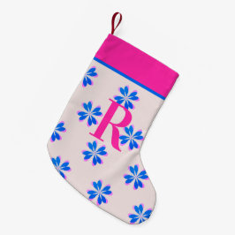 Meia De Natal Pequena Monograma Azul Cor-de-rosa quente Flor