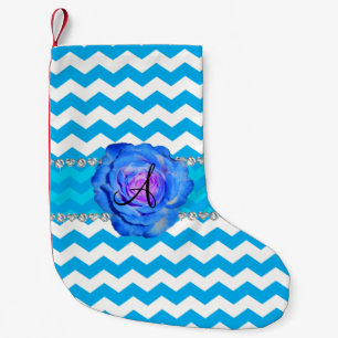 Meia De Natal Pequena Monograma céu azul Cevrons azuis rosa