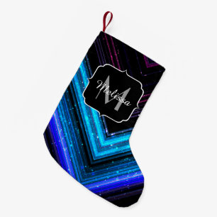 Meia De Natal Pequena Monograma Chevron azul metálico cintilante roxo