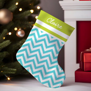 Meia De Natal Pequena Monograma Chevron Turquesa e Verde