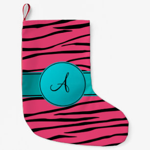 Meia De Natal Pequena Monograma, cor-de-rosa, listras de zebra turquesa,