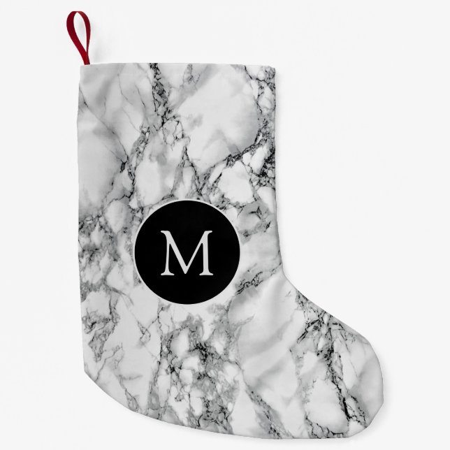 Meia De Natal Pequena Monograma de Natal com Marble Branco (Frente)