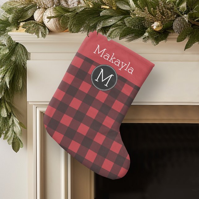 Meia De Natal Pequena Monograma de Padrão de Xadrez de Buffalo Vermelho  (Personalized Christmas Stocking - buffalo plaid)
