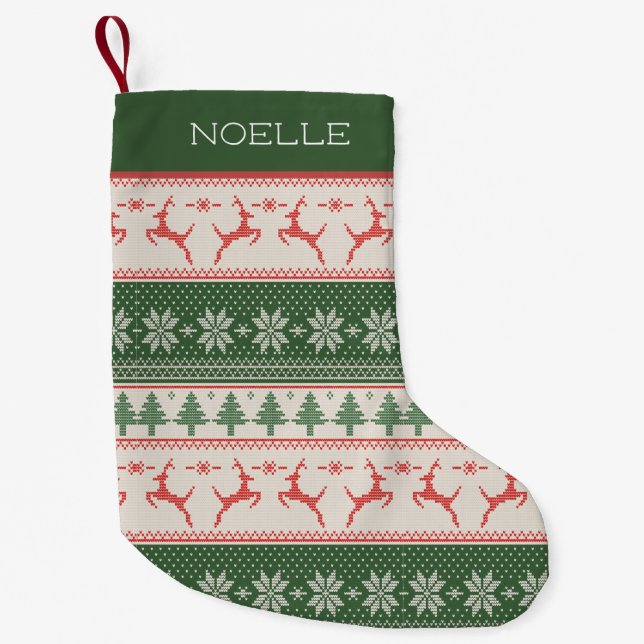 Meia De Natal Pequena Monograma de Padrão Nórdico Verde e Vermelho (Frente)