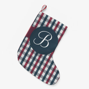 Meia De Natal Pequena Monograma de xadrez azul-vermelho