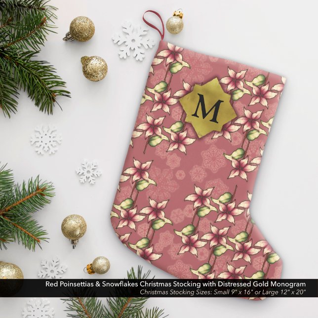 Meia De Natal Pequena Monograma Dourado de Pinsetos vermelhos e flocos d (Red Poinsettias & Snowflakes Christmas Stocking with Distressed Gold Monogram)