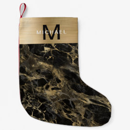 Meia De Natal Pequena Monograma Dourado Metalizado Mármore Preto