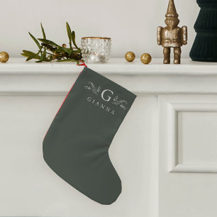 Meia De Natal Pequena Monograma e Nome Botânico Verde Elegante
