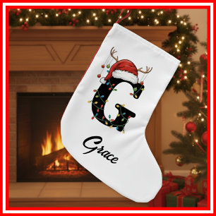 Meia De Natal Pequena Monograma Família Natal Antlers Santa Hat