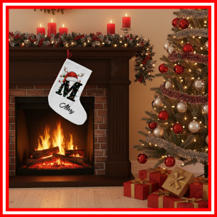 Meia De Natal Pequena Monograma Família Natal Antlers Santa Hat Pequeno