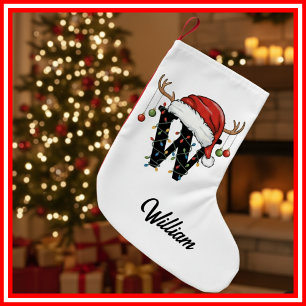 Meia De Natal Pequena Monograma Família Natal Antlers Santa Hat Pequeno