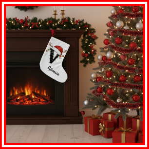 Meia De Natal Pequena Monograma Família Natal Antlers Santa Hat Pequeno