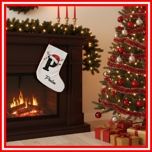 Meia De Natal Pequena Monograma Família Natal Antlers Santa Hat Pequeno