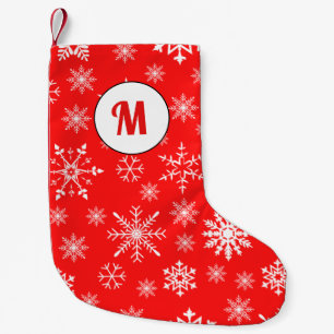 Meia De Natal Pequena Monograma inicial branco e vermelho em flocos de n