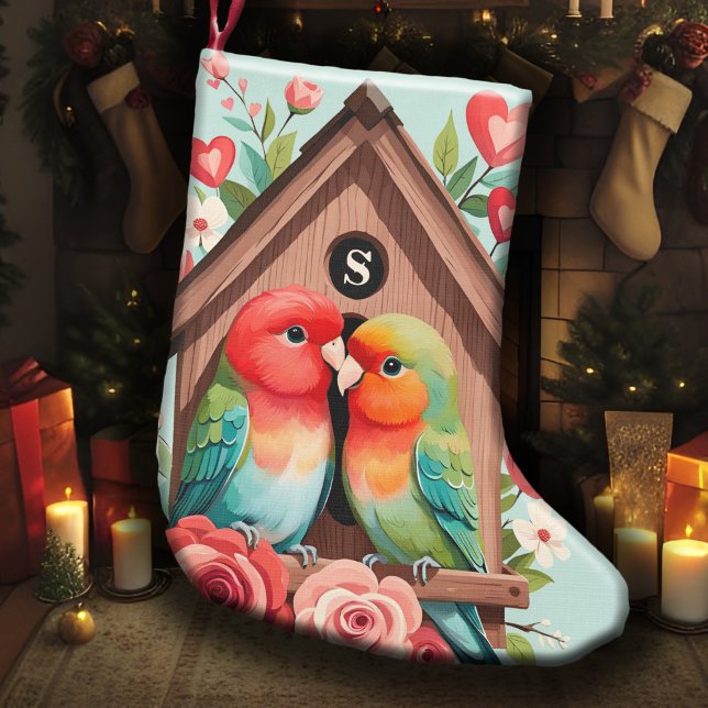 Meia De Natal Pequena Monograma Lovebird Casal Birdhouse & Heart Pastel (Couples' monogrammed Christmas stocking with lovebirds, cozy birdhouse, pastel hearts & flowers)
